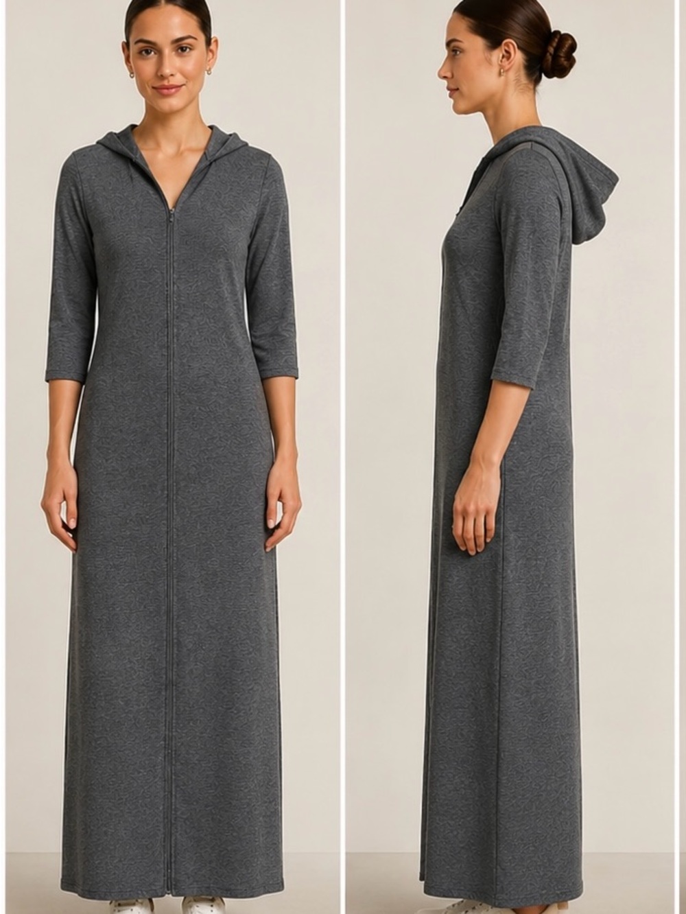Ross Mayer Minimalist Heather Gray Maxi Dress front zipper